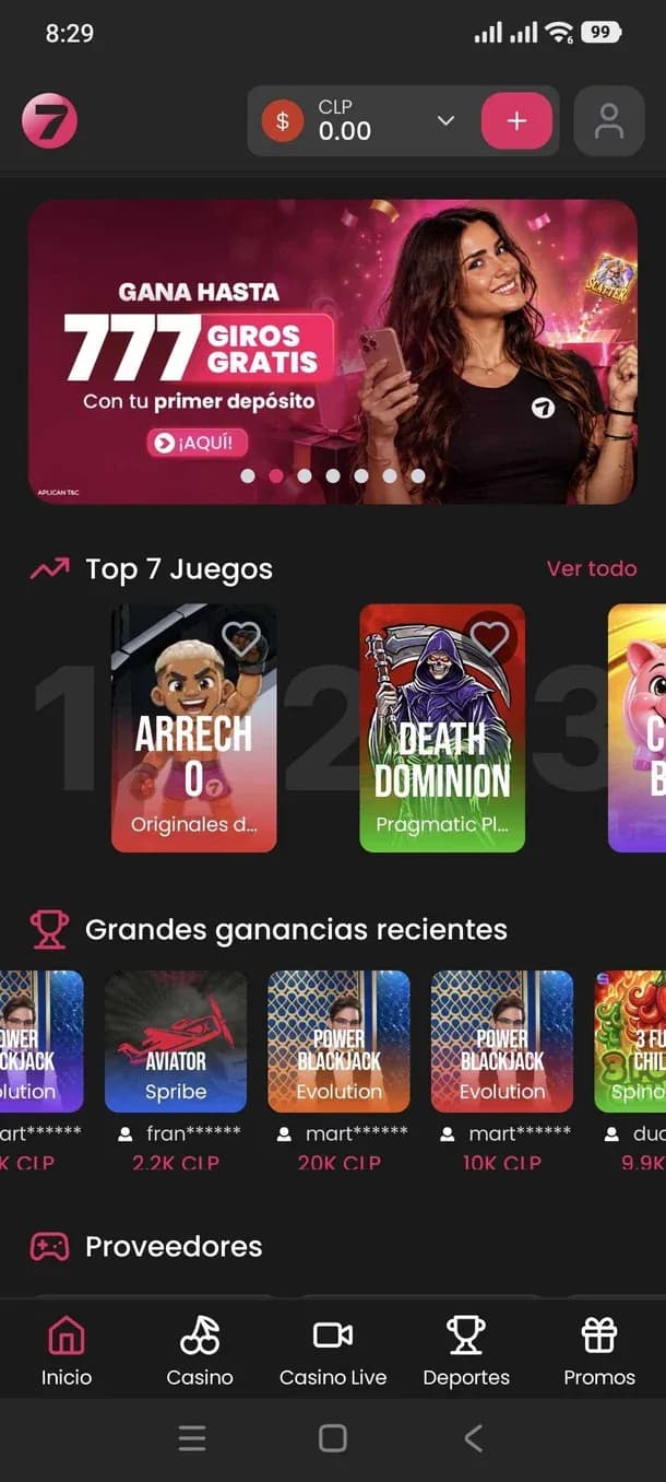 Siete app home screen with sports betting and casino games